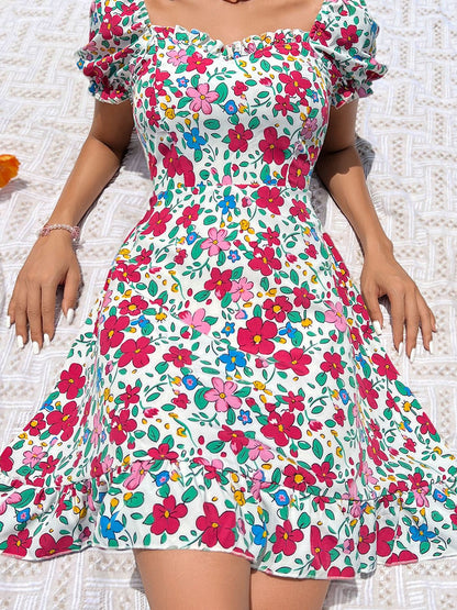 Floral Print Puff Sleeve Ruffled Fit & Flare Dress