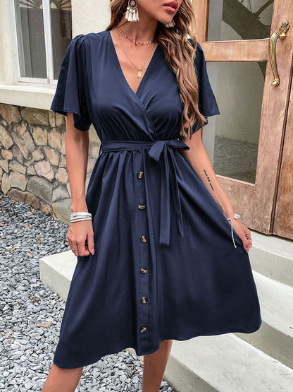 Flared Sleeve Fit & Flare Midi Dress