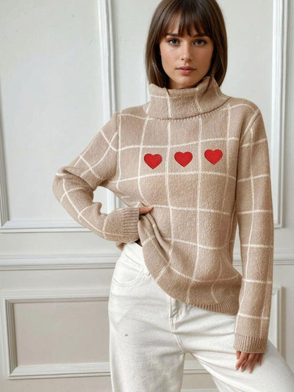 Checked Pullover with Embroidered Detail in Beige acrylic - Nowi Korean Fashion