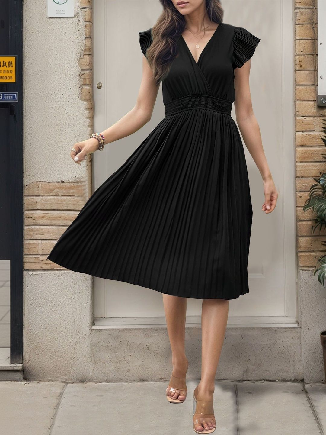 Puff Sleeve Fit & Flare Midi Dress