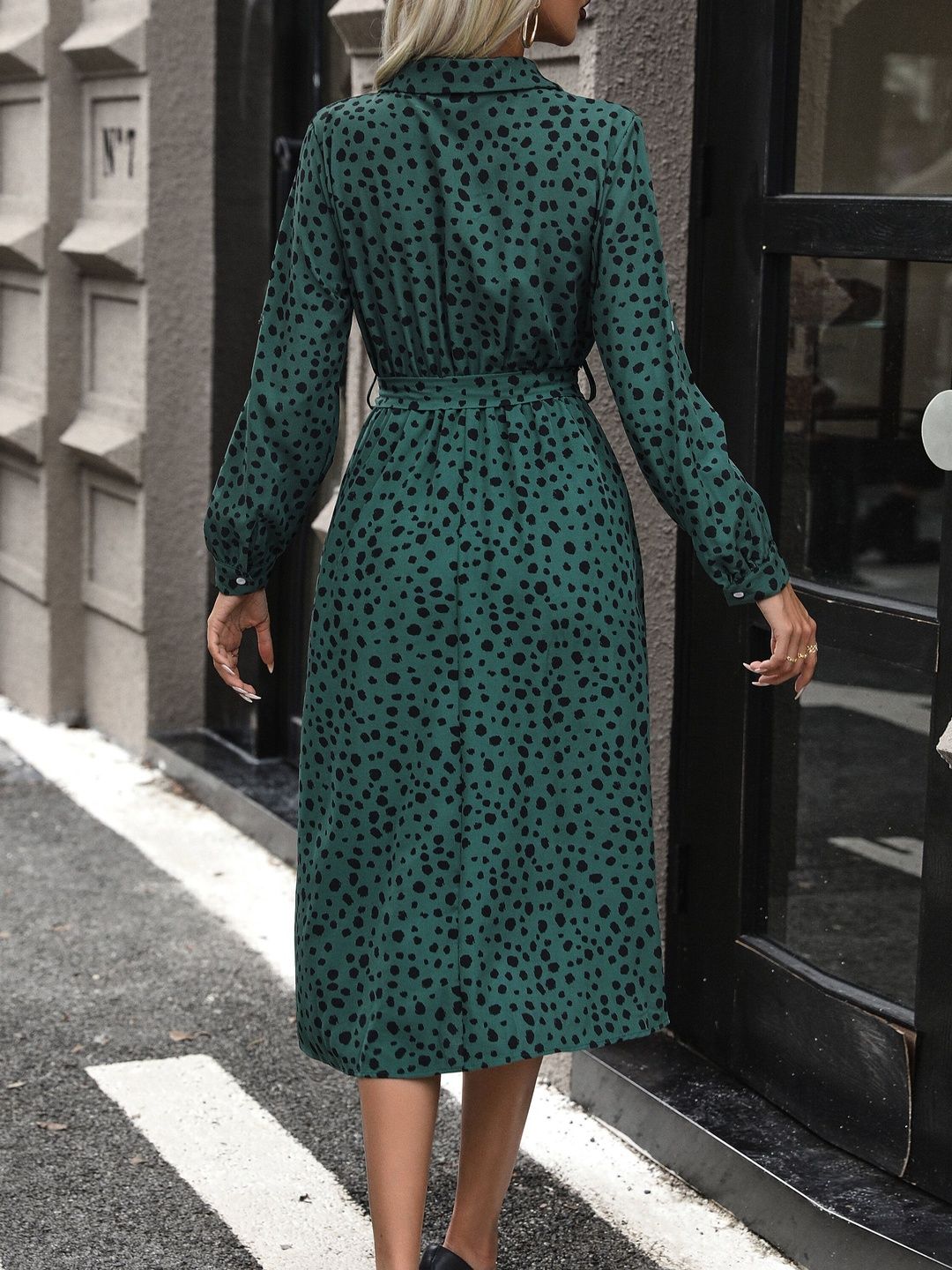 Women's Green Polka Dot Print Shirt Midi Dress