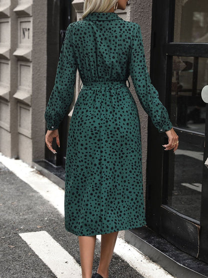Women's Green Polka Dot Print Shirt Midi Dress