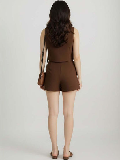 Brown Solid Vest Top with Shorts