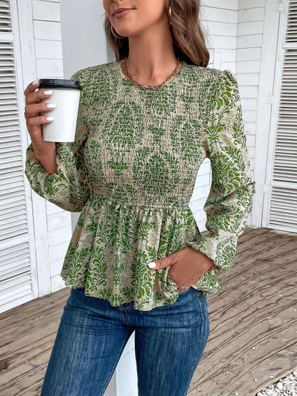 Women's Green Print Cotton Peplum Top