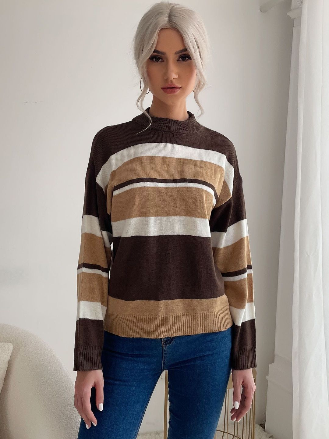 Striped Pullover in Brown Style 573 - Nowi Korean Fashion