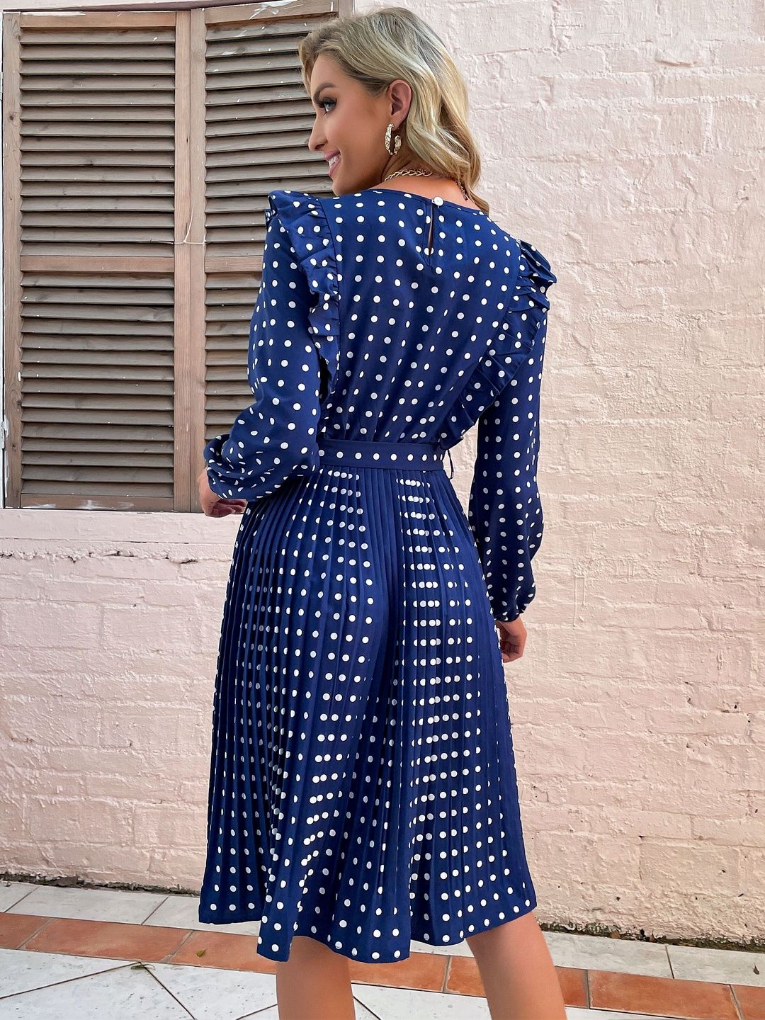 Women's Blue Nowi Polka Dot Print Fit & Flare Midi Dress