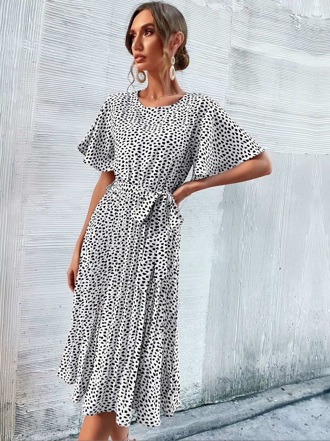 Polka Dot Print Flutter Sleeve Fit & Flare Midi Dress