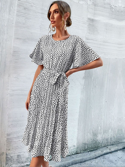 Polka Dot Print Flutter Sleeve Fit & Flare Midi Dress