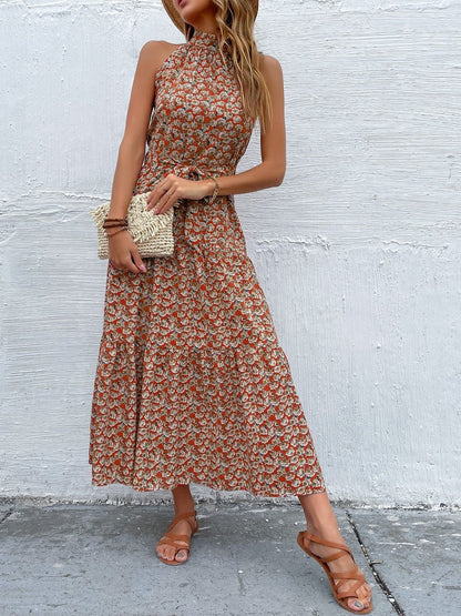 Floral Print Halter Neck Fit & Flare Midi Dress