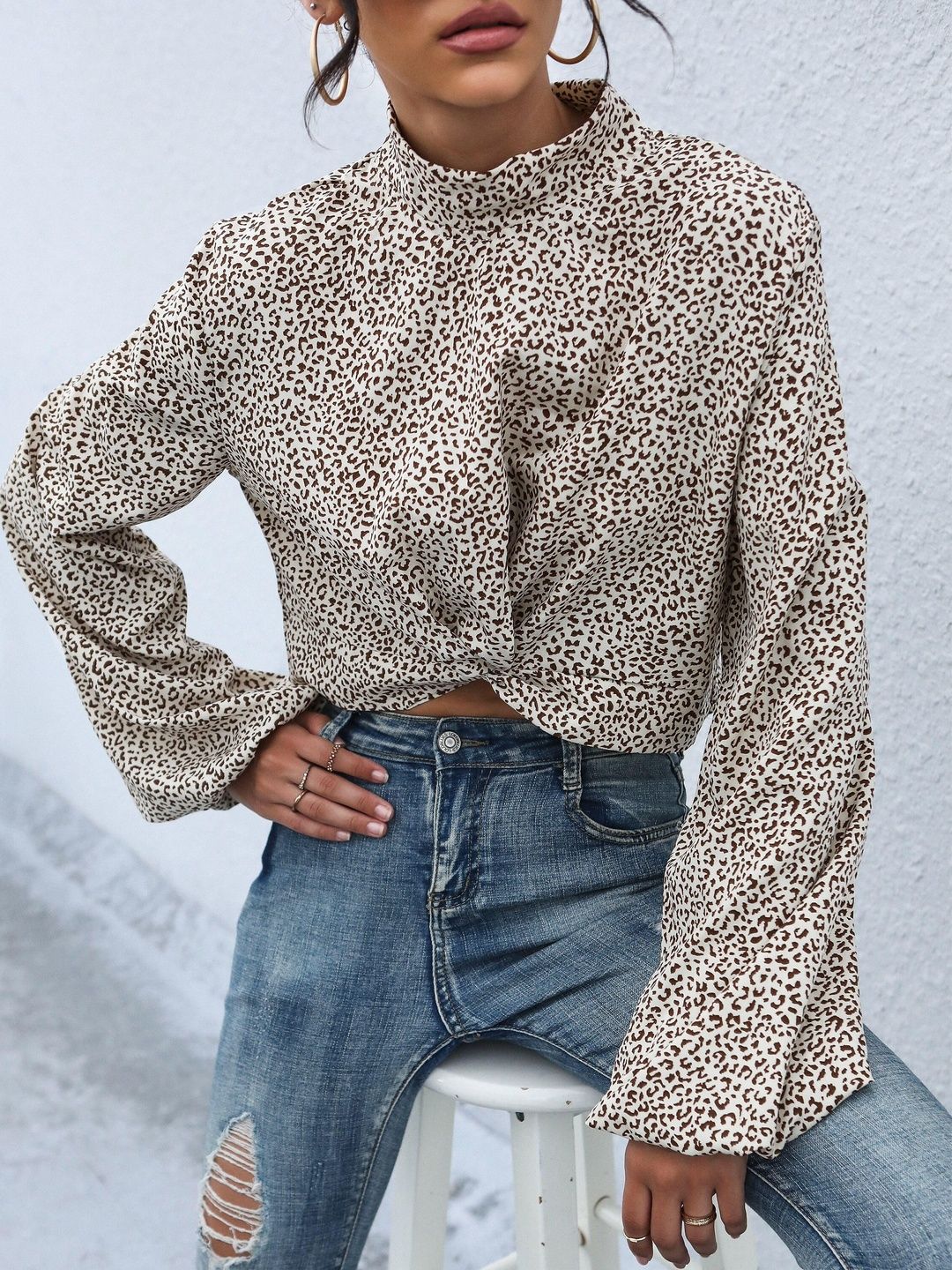 Women's Nowi Animal Print Flared Sleeve Twisted Crop Top