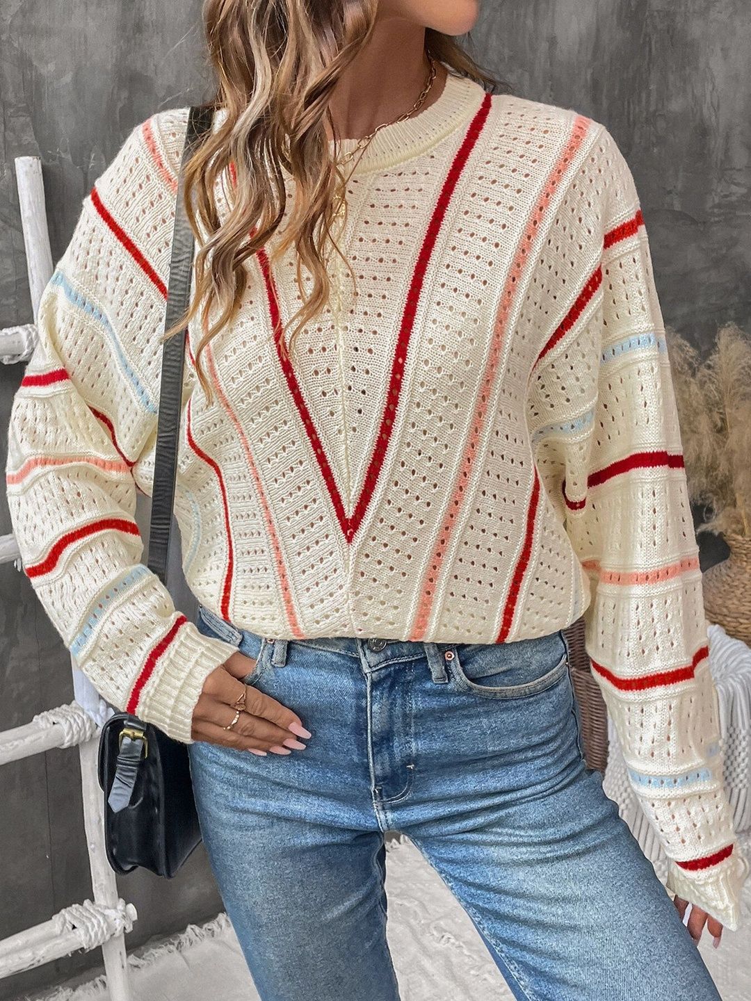 Women's Beige Nowi Women Striped Pullover Blend Regular Fit