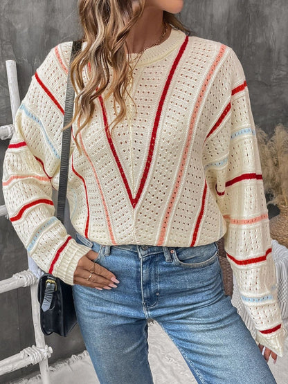 Women's Beige Nowi Women Striped Pullover Blend Regular Fit
