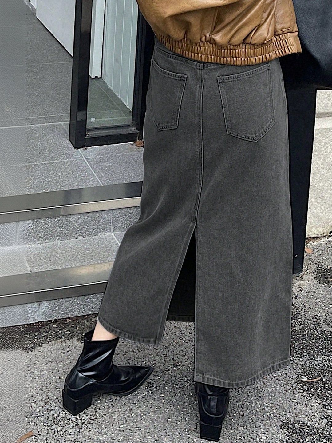 NOWI Women High Rise Back Slit Denim Straight Midi Skirt