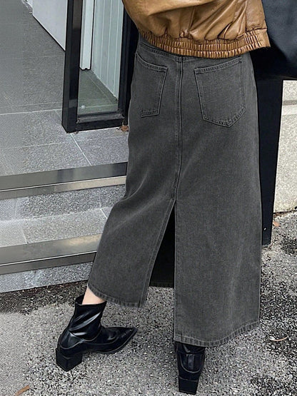 NOWI Women High Rise Back Slit Denim Straight Midi Skirt