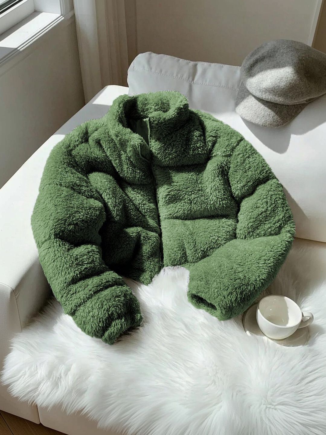 Woollen Lightweight Crop Puffer Jacket in Green wool; faux-fur; polyester - Nowi Korean Fashion