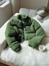 Women's Green Woollen Lightweight Crop Puffer Jacket