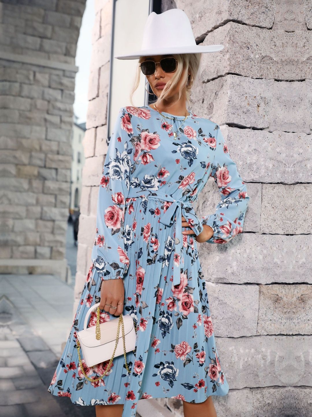 Women's Blue Floral Print Fit & Flare Midi Dress Blend