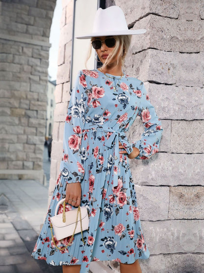 Women's Blue Floral Print Fit & Flare Midi Dress Blend