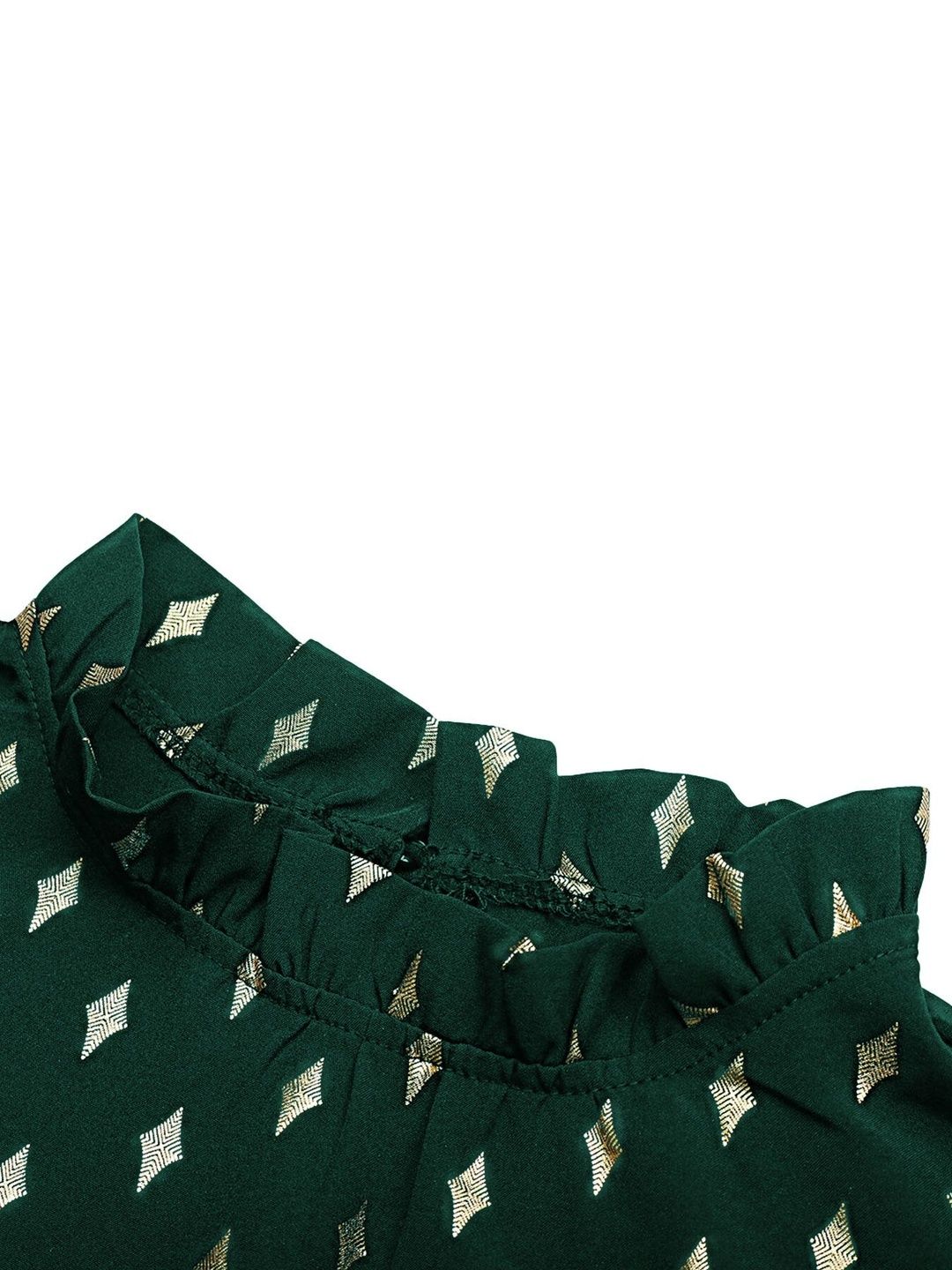 Women's Green Geometric Print Puff Sleeve Ruffles Top