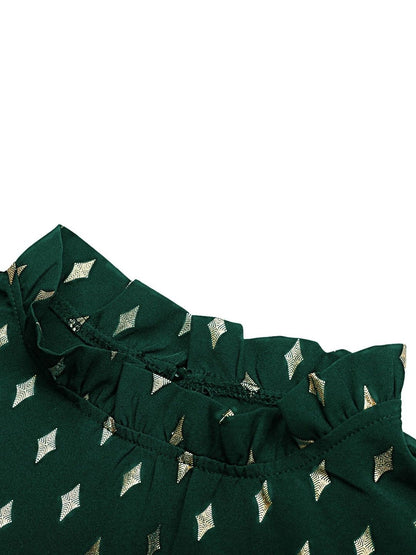 Women's Green Geometric Print Puff Sleeve Ruffles Top
