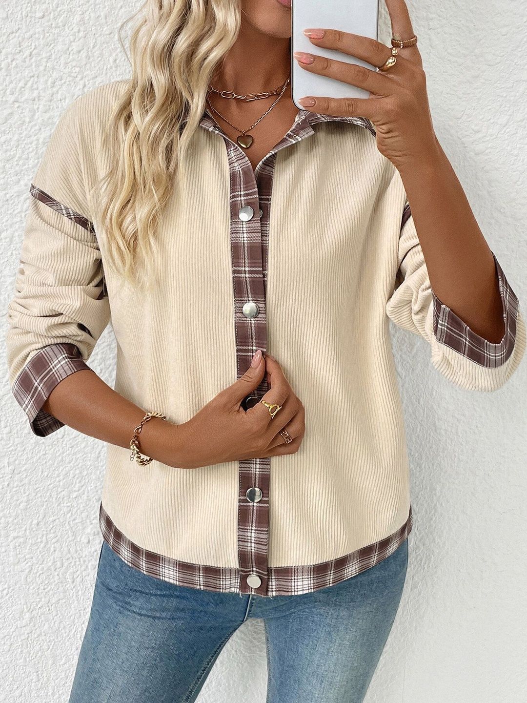 Beige Colourblocked Jacket with Spread Collar