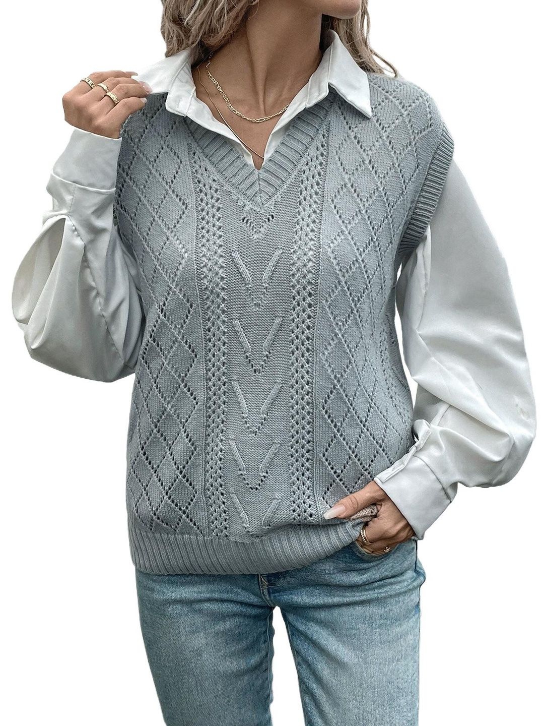 Argyle Sweater Vest in Grey - Nowi Korean Fashion