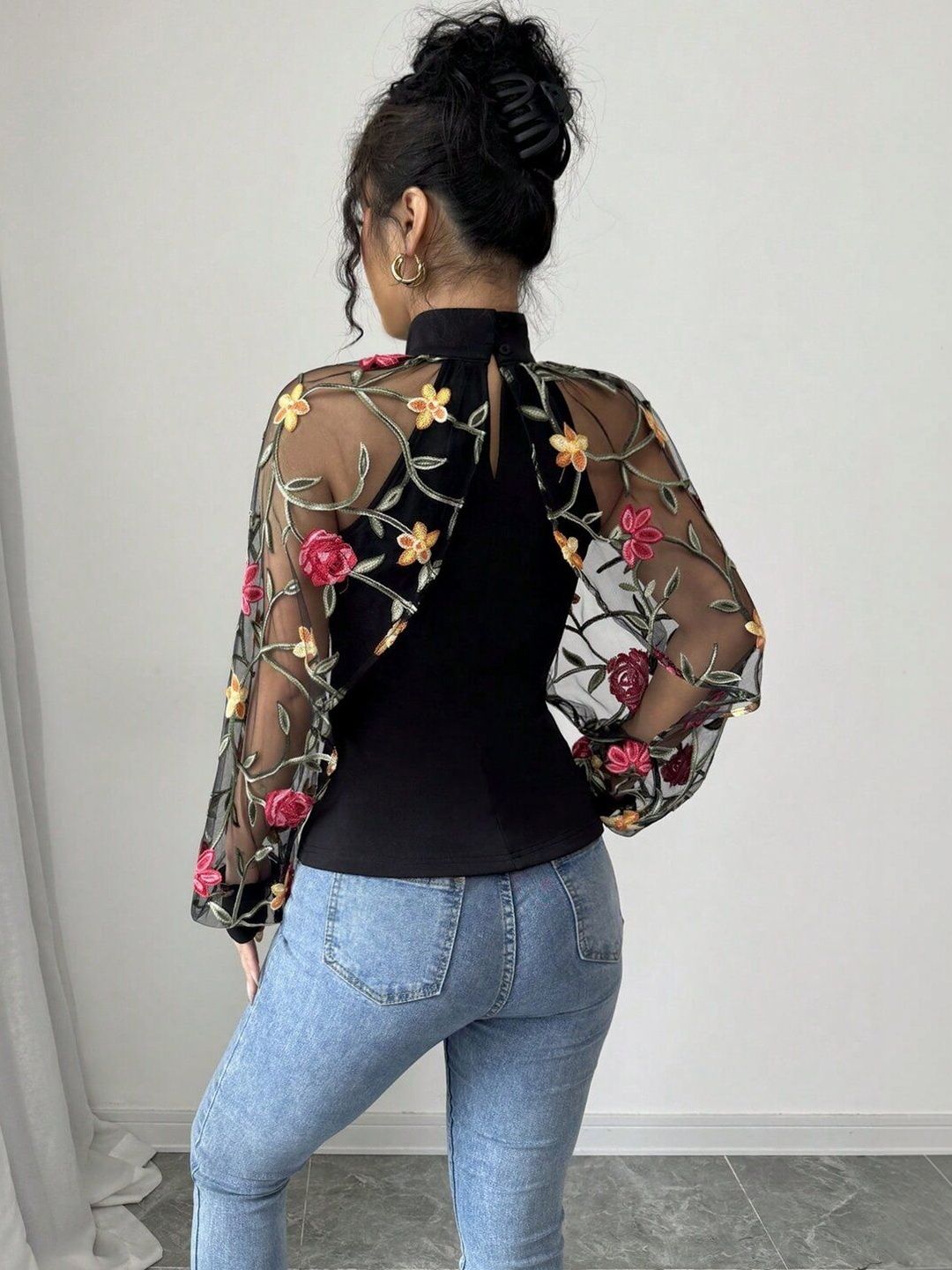 Floral Embroidered Bishop Sleeves Top