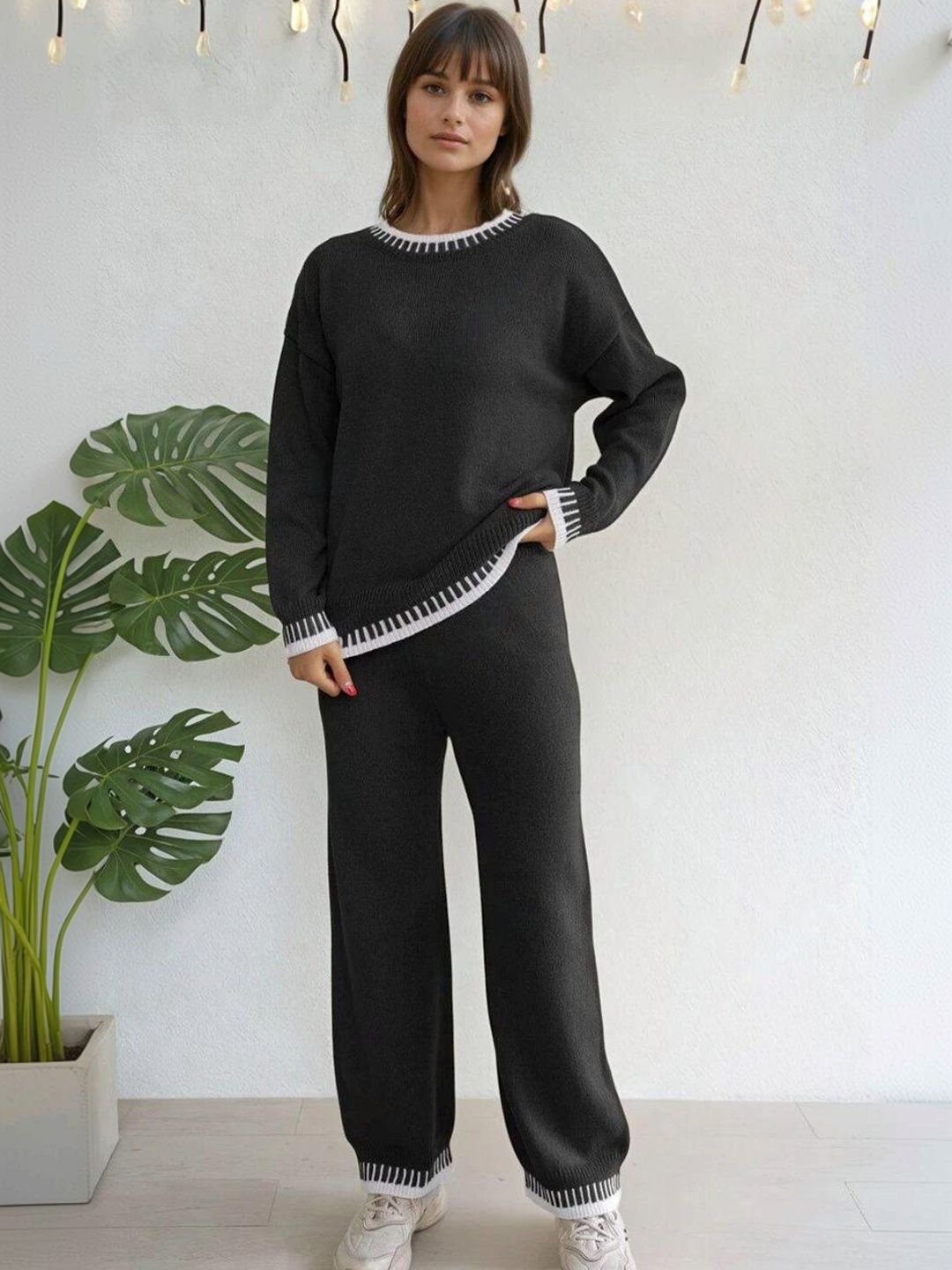 Knitted Solid Sweater with Trousers in Black - Nowi Korean Fashion