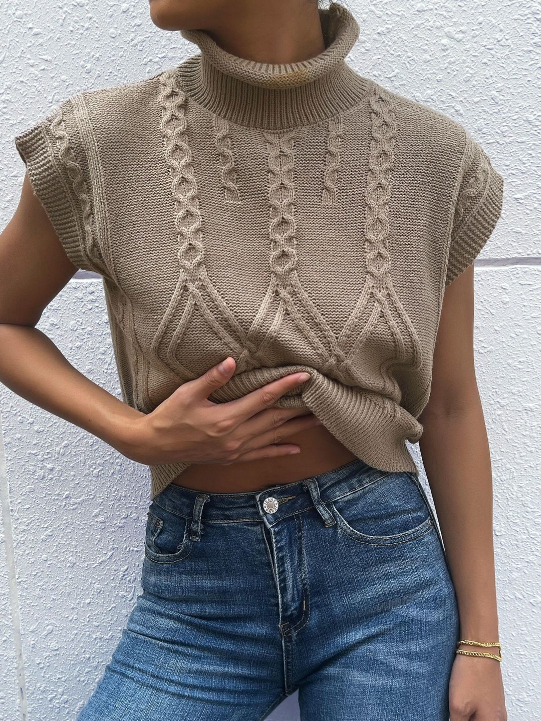 Women's Brown Nowi Women Cable Knit Sweater Vest