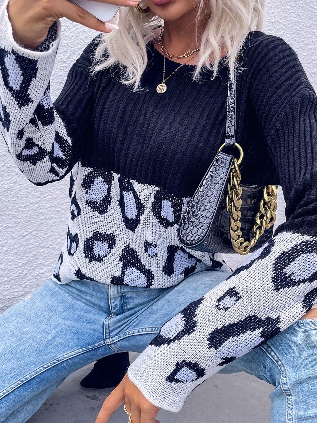 Women's Black Animal Colourblocked Pullover Blend