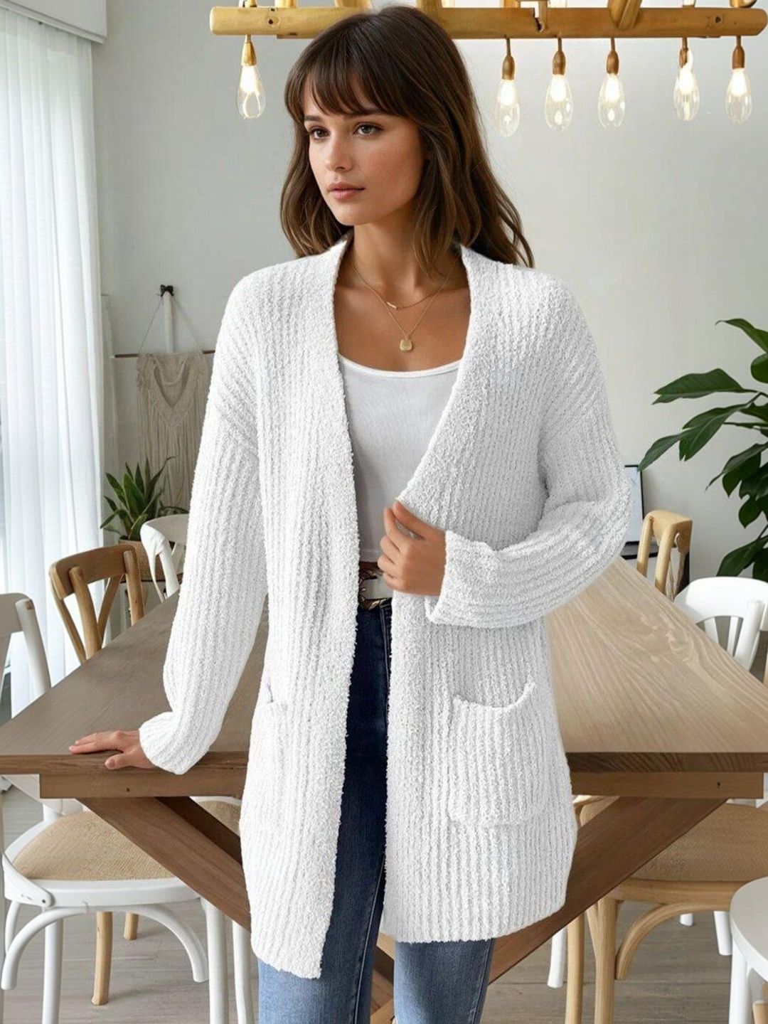 Ribbed Cardigan with Fuzzy Detail in White acrylic Long Sleeve - Nowi Korean Fashion