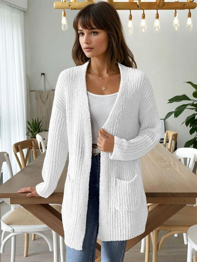 Ribbed Cardigan with Fuzzy Detail in White acrylic Long Sleeve - Nowi Korean Fashion