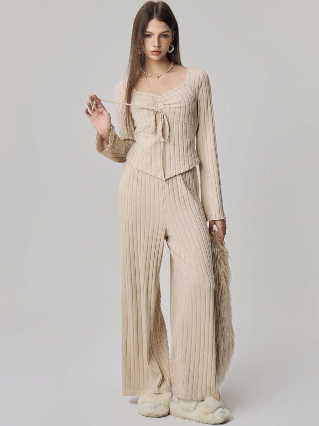Beige Ribbed Knit Co-ords with V-Neck Top and Palazzos