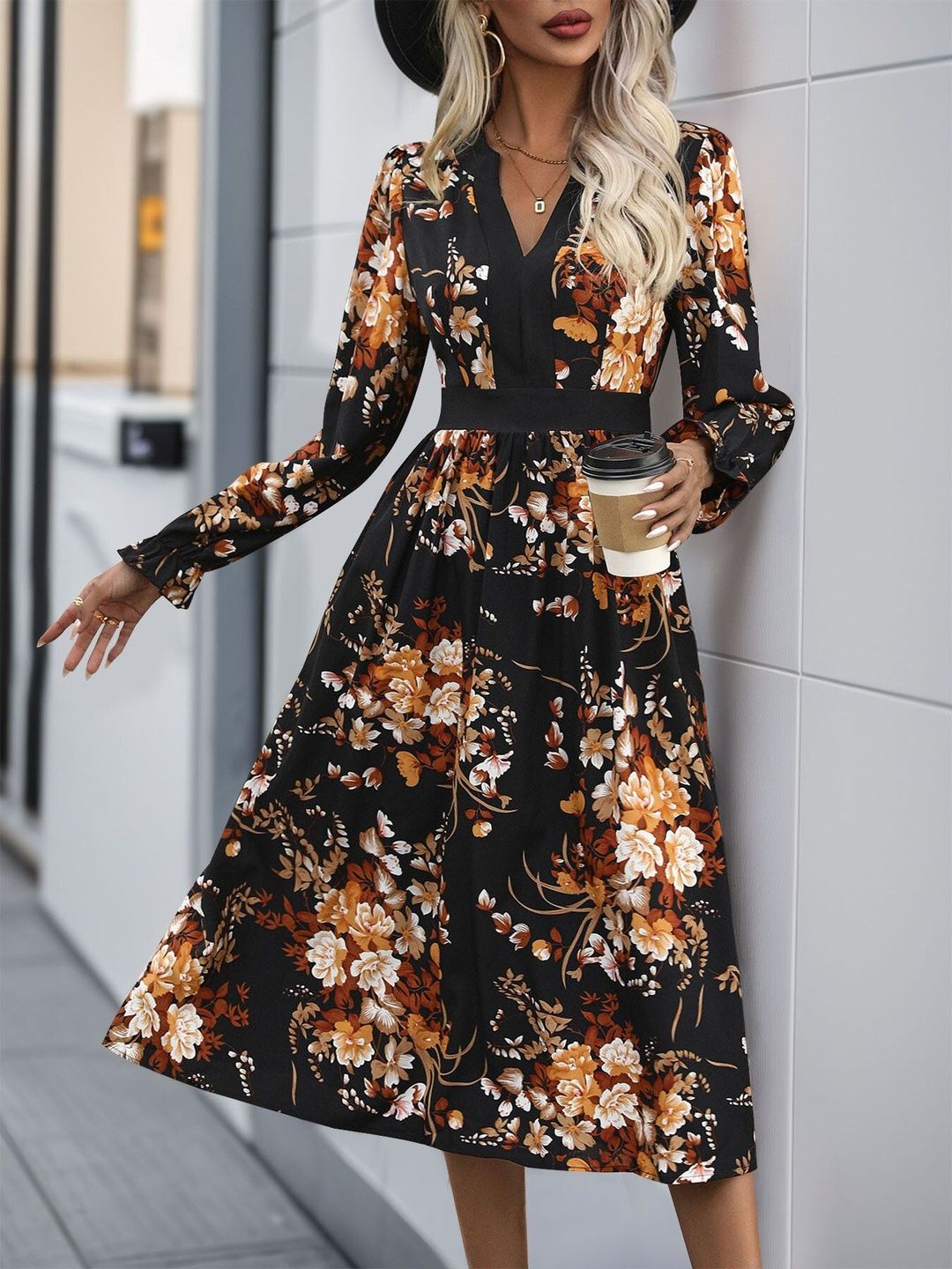 Women's Black Floral Print Fit & Flare Midi Dress Blend