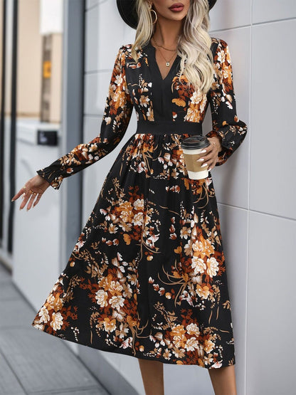 Women's Black Floral Print Fit & Flare Midi Dress Blend