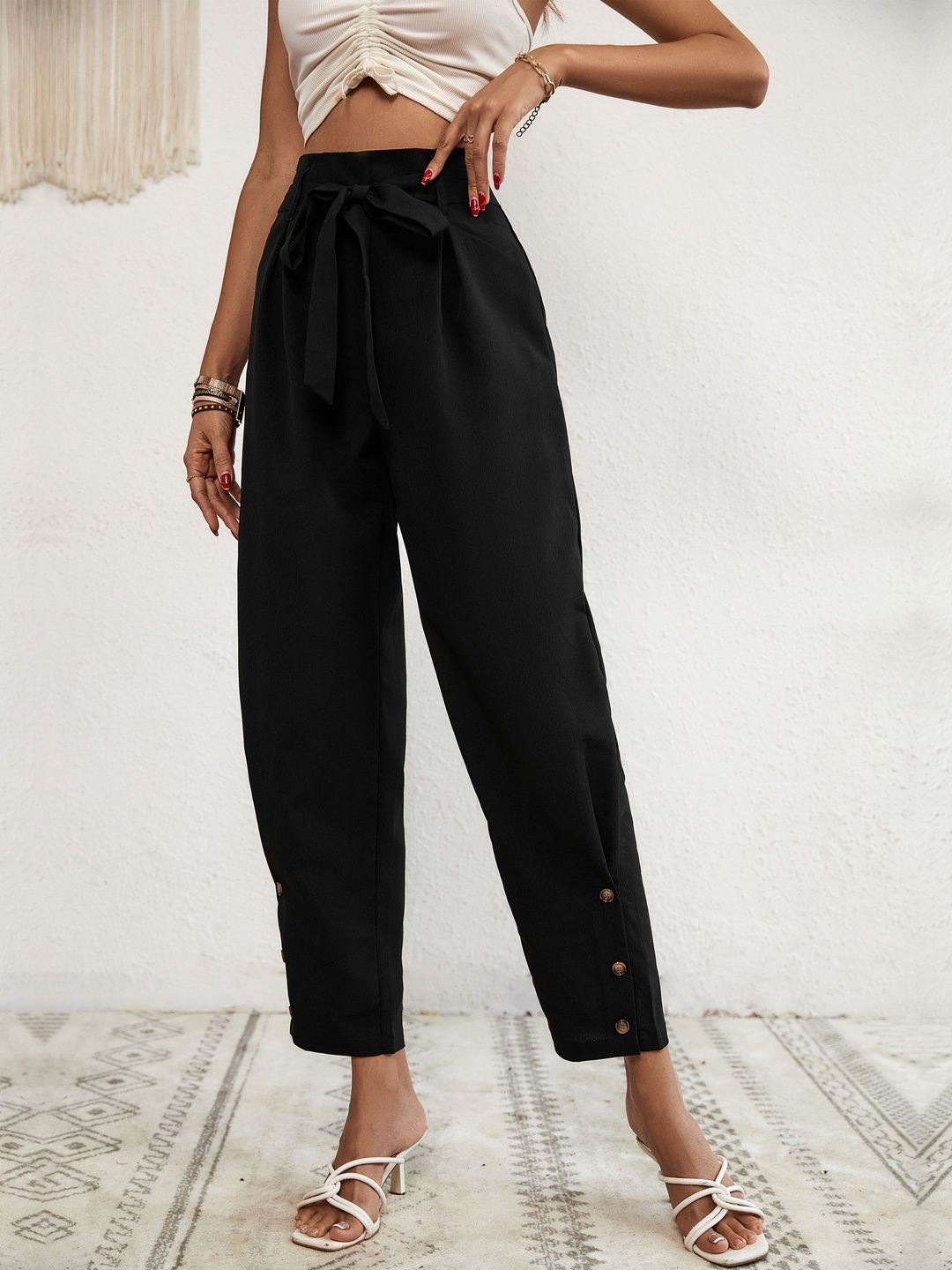 Women Loose Fit High-Rise Non Iron Pleated Trousers