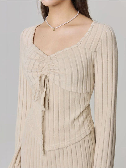 Beige Ribbed Knit Co-ords with V-Neck Top and Palazzos