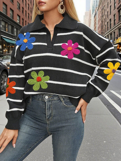 Women Striped Pullover with Embroidered Detail