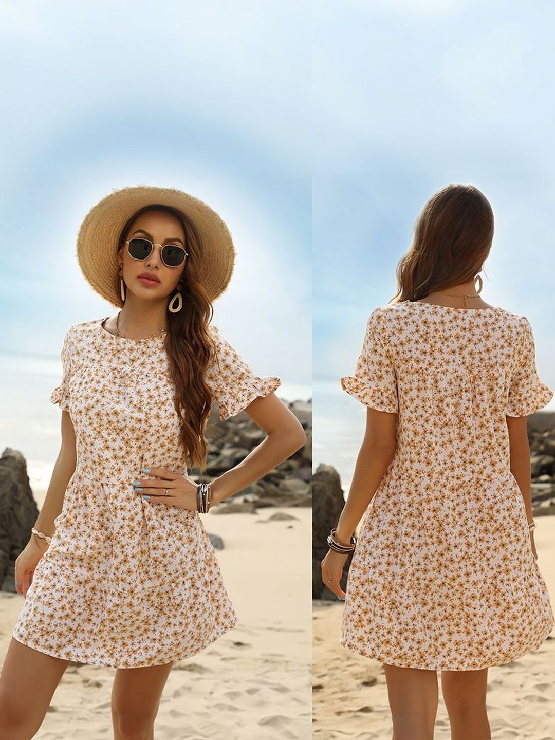 Floral Print Flutter Sleeve Fit & Flare Dress in White cotton - Nowi Korean Fashion