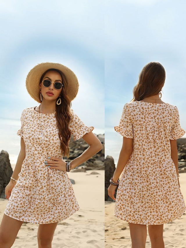 Floral Print Flutter Sleeve Fit & Flare Dress in White cotton - Nowi Korean Fashion