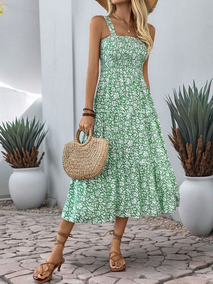 Floral Print Fit & Flare Midi Dress in Green cotton Sleeveless - Nowi Korean Fashion