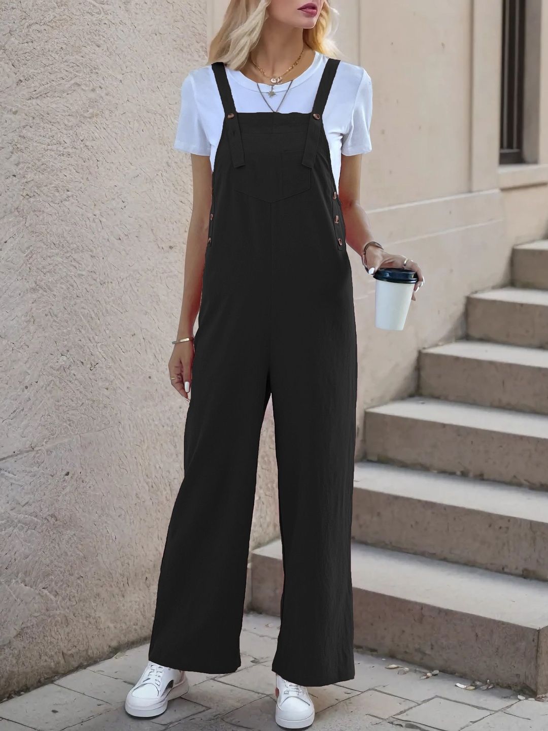 Basic Jumpsuit with Applique in Black cotton Sleeveless - Nowi Korean Fashion