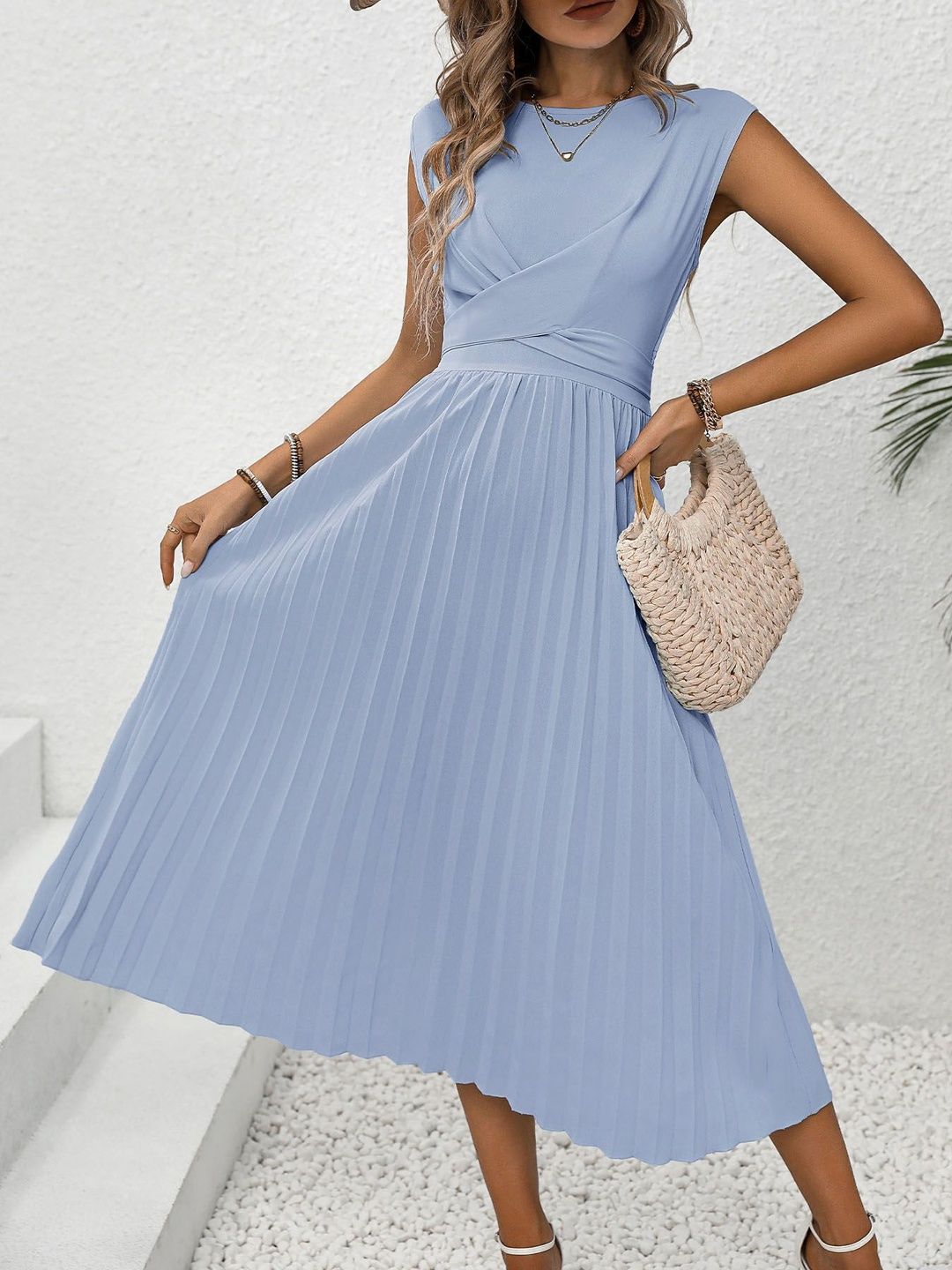 A-Line Midi Dress in Blue polyester Sleeveless - Nowi Korean Fashion