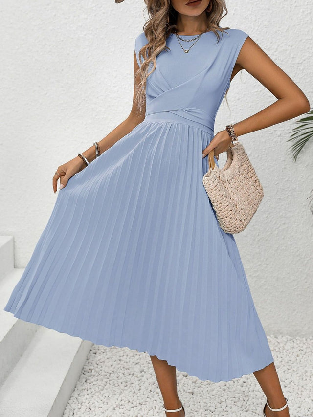 A-Line Midi Dress in Blue polyester Sleeveless - Nowi Korean Fashion