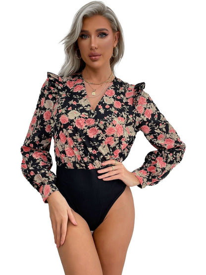 Printed Cotton V-Neck Bodysuit in Black - Nowi Korean Fashion