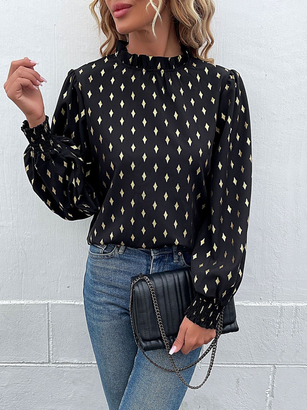 Women's Black Geometric Print Bishop Sleeves Top
