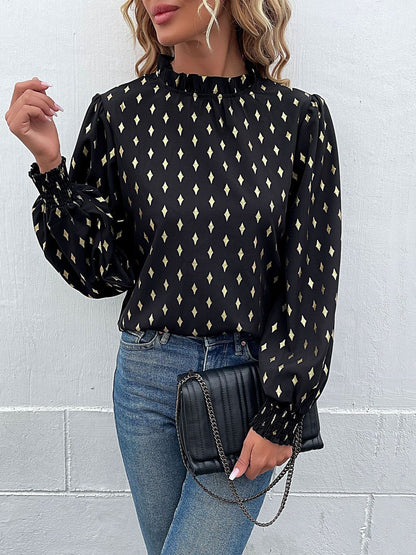 Women's Black Geometric Print Bishop Sleeves Top