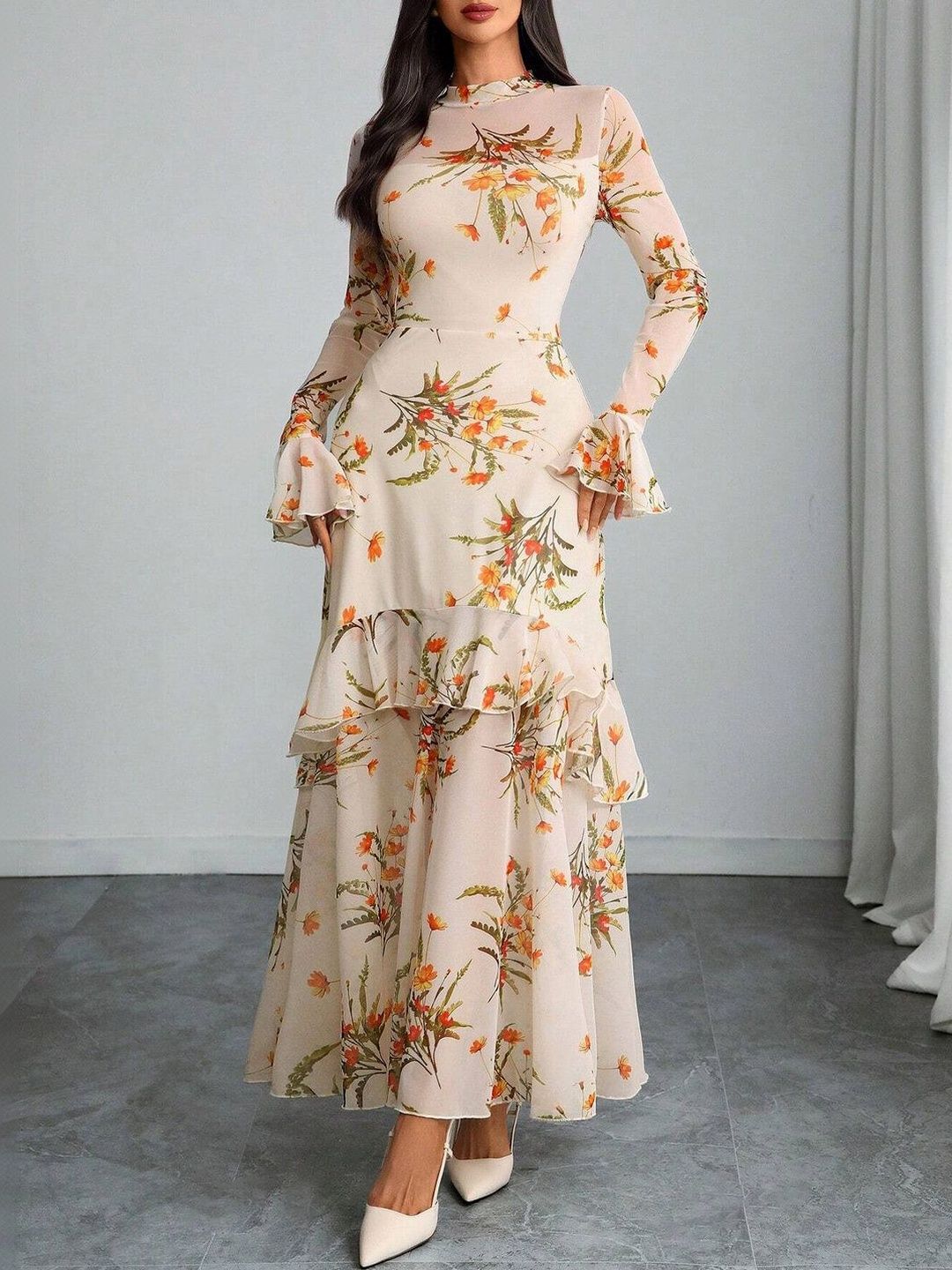 Floral Print Flared Sleeve Ruffled Maxi Dress