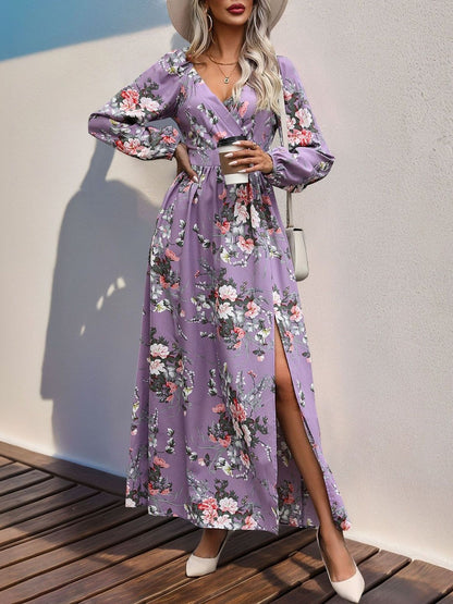 Floral Print Puff Sleeve Maxi Dress in Purple - Nowi Korean Fashion