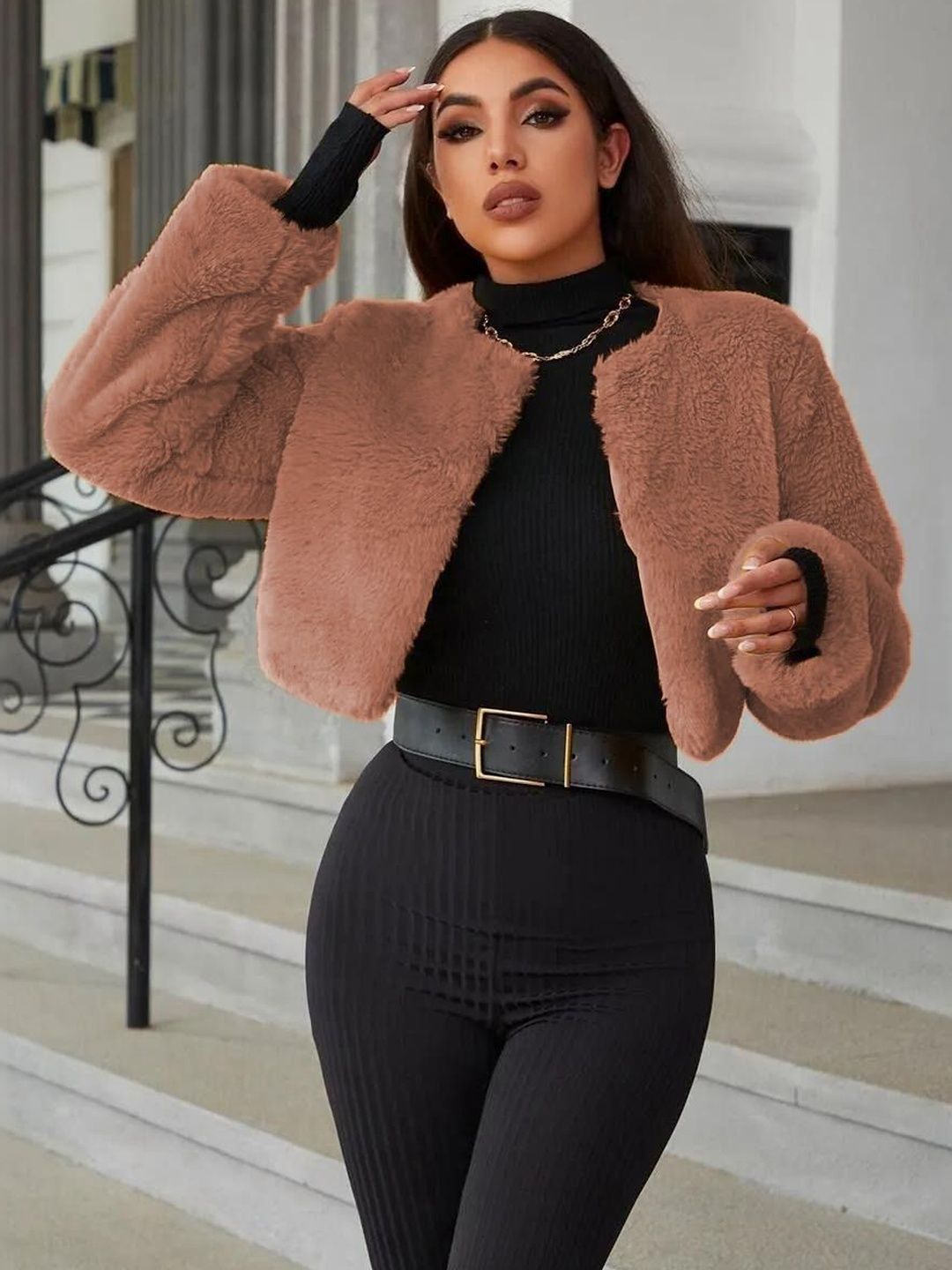 Crop Open Front Jacket in Brown faux-fur; plush - Nowi Korean Fashion
